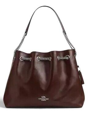 Coach Evelyn Leather Shoulder Bag in Dark Brown with Chain Strap